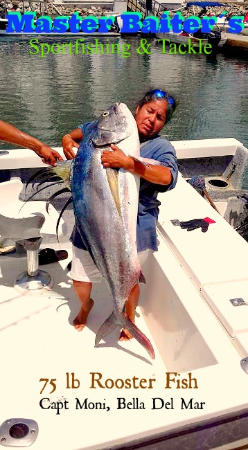 Capt. Moni of Bella Del Mar with a 75 lb Rooster Fish that is bigger than she is. Don´t be fooled, this woman is a fish catching machine!!