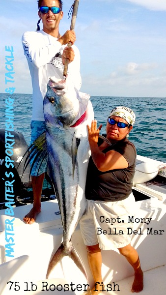 Capt. Mony with another 75 lb Rooster fish caught off the reef in Sayulita! Yes she´s a woman and Yes she catches fish! In fact Capt Mony is a High Performance Professional so don´t let her gender stop you, she learned on the docks form the time she was in diapers. 